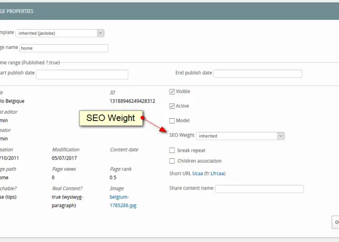 Page propreties : SEO Weight